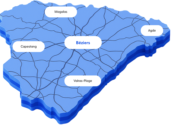 Carte des zones d’intervention Waleo autour de Béziers